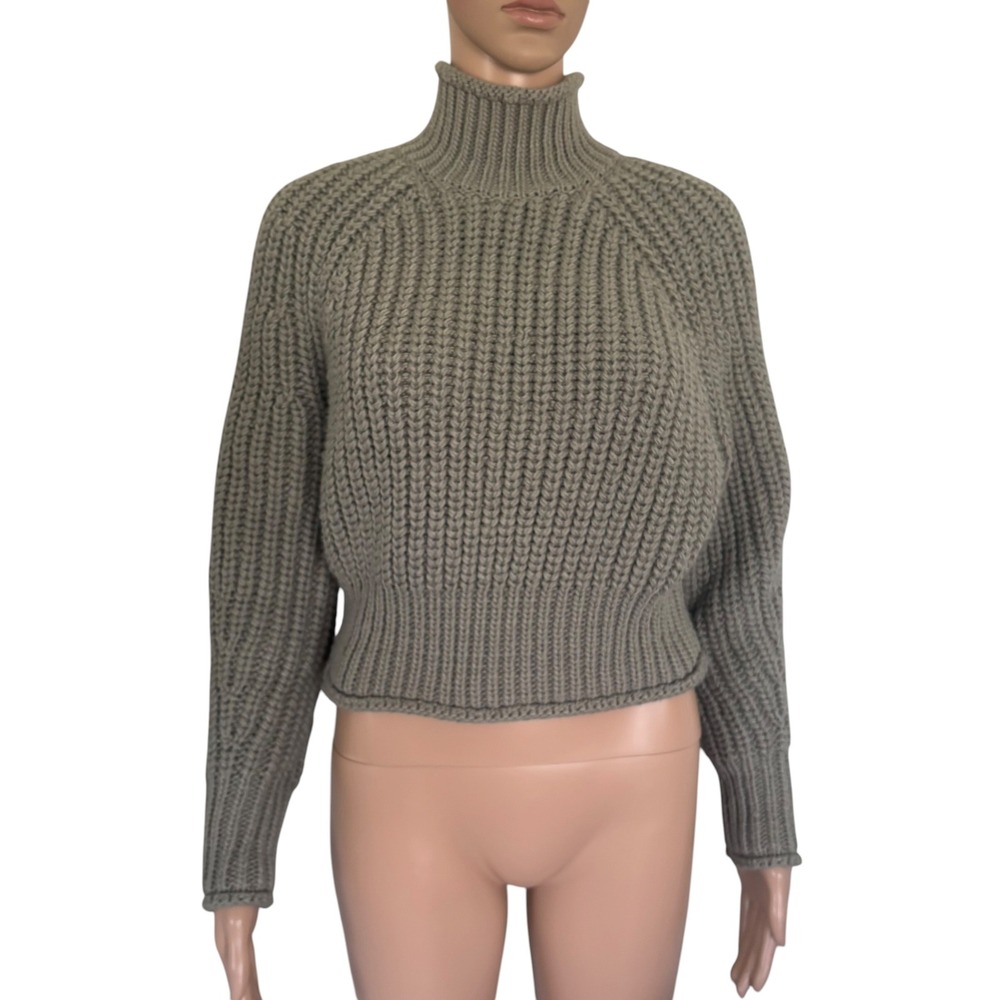 H&M Womens Sage Green Chunky Ribbed Knit Turtleneck Sweater Wool Blend XS Cabin